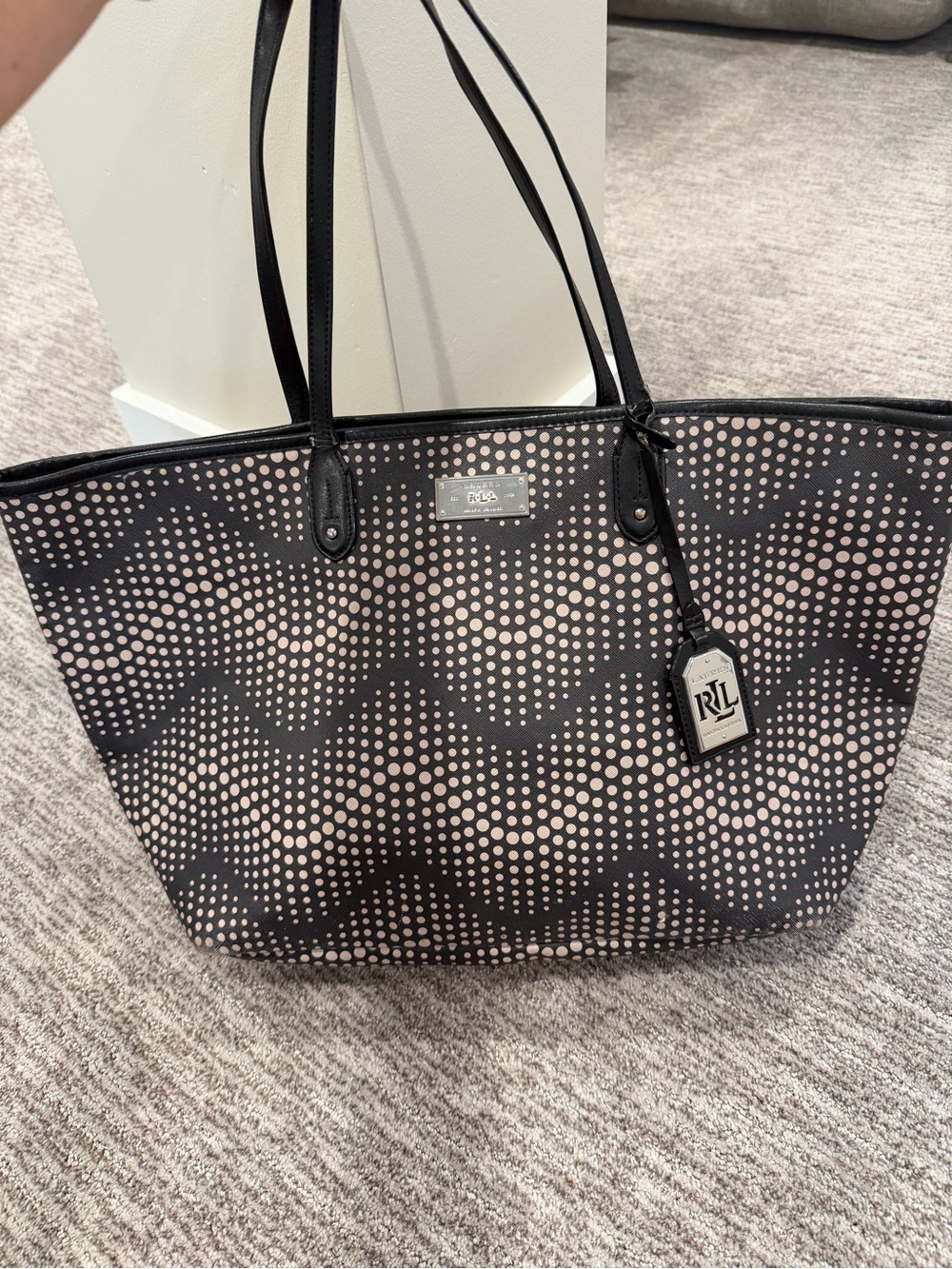 Lauren Ralph Lauren LRL Black Cream Polka Dot Chevron Saffiano Tote Bag Shopper